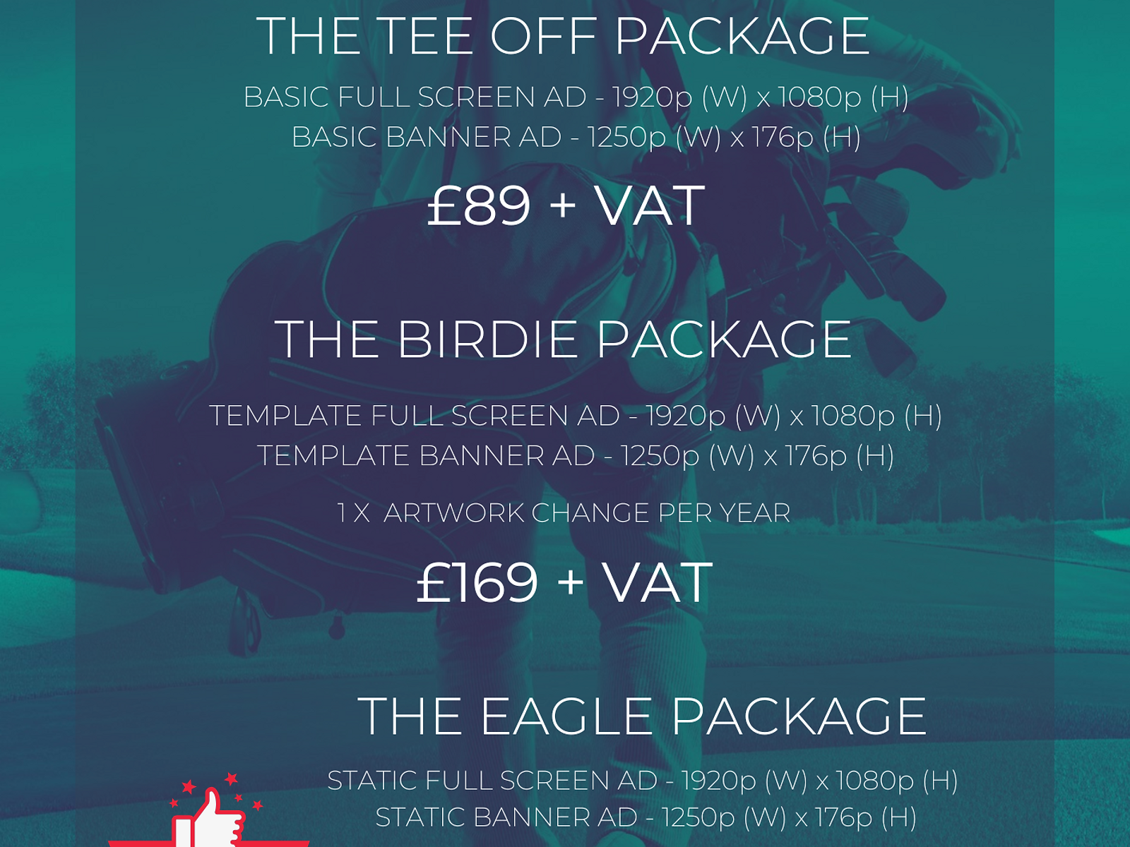 Static Adverts artwork menu — Tee Off, Birdie and Eagle packages